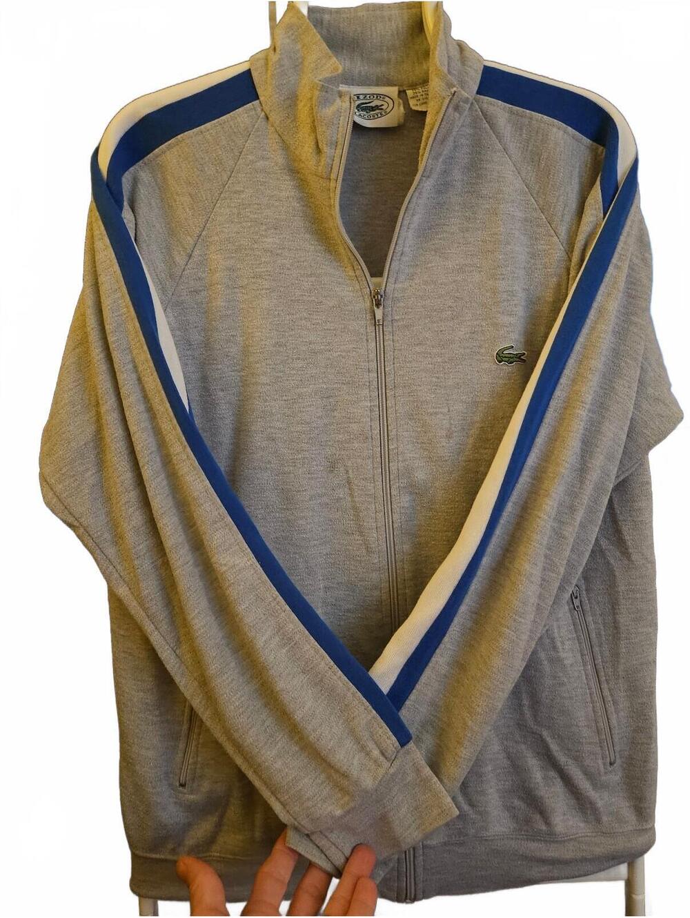 Vintage Lacoste Izod Mens Medium Gray Full Zip Striped Logo sweat jacket stains